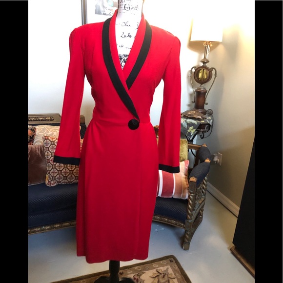 VTG Gorgeous 80s- 40s Red Wool Wrap Coat Dress - Picture 3 of 8